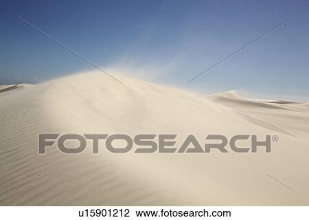 Stock Image - Wind blowing sand on dunes. Fotosearch