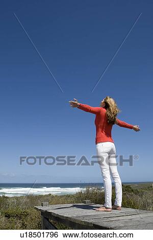 Stock Photograph - Woman standing on wooden pier. Fotosearch