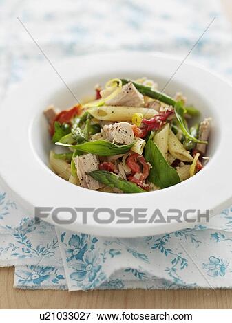 Bowl of carbonara pasta with vegetables View Large Photo Image Stock Photo - Bowl of carbonara pasta with vegetables. Fotosearch