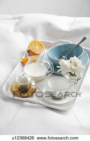 Breakfast tray on bed View Large Photo Image Stock Photograph - Breakfast tray on bed. Fotosearch