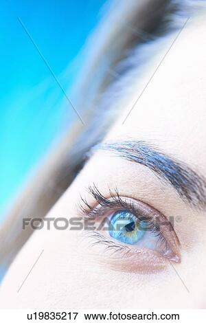 Close up of womans blue eye View Large Photo Image Stock Photo - Close up of womans blue eye. Fotosearch