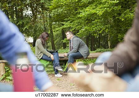 Stock Photo - Couple reading clipboard in park. Fotosearch