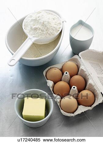 Flour, eggs, milk and butter View Large Photo Image Stock Photography - Flour, eggs, milk and butter. Fotosearch