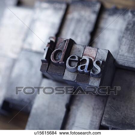 Picture - Lead type spelling "ideas". Fotosearch