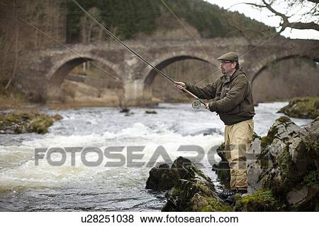 Man fishing for salmon in river View Large Photo Image Stock Photo - Man fishing for salmon in river. Fotosearch
