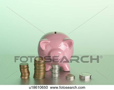 Piggy bank with stacks of coins View Large Photo Image Stock Image - Piggy bank with stacks of coins. Fotosearch