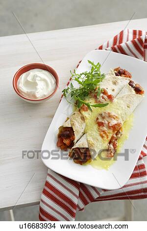 Plate of burritos with sour cream View Large Photo Image Picture - Plate of burritos with sour cream. Fotosearch