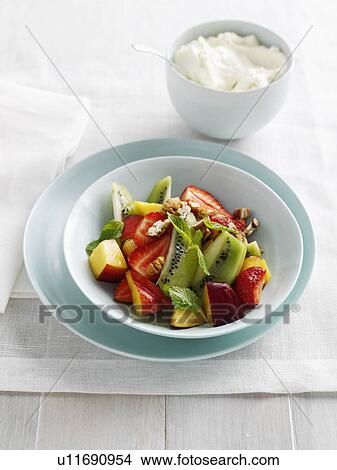 Picture - Plate of fruit salad with yogurt. Fotosearch