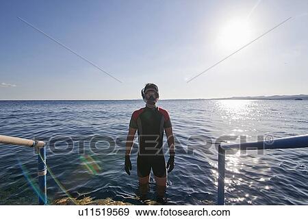 Snorkeler standing in open water View Large Photo Image Stock Photo - Snorkeler standing in open water. Fotosearch