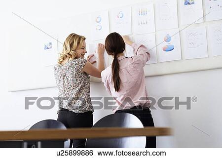 Businesswomen tacking up signs in office View Large Photo Image Stock Photograph - Businesswomen tacking up signs in office. Fotosearch