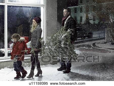 Family carrying Christmas tree in snow View Large Photo Image Stock Photography - Family carrying Christmas tree in snow. Fotosearch