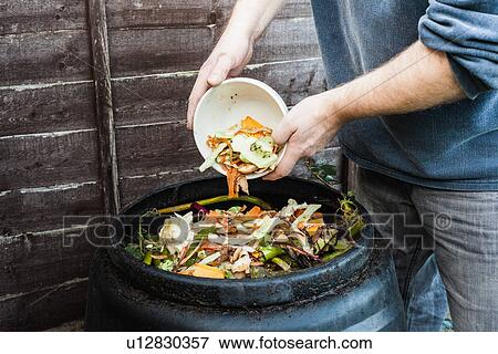 Stock Photo - Man adding to compost bin outdoors. Fotosearch