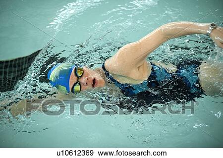 Stock Photo - Woman doing laps in swimming pool. Fotosearch