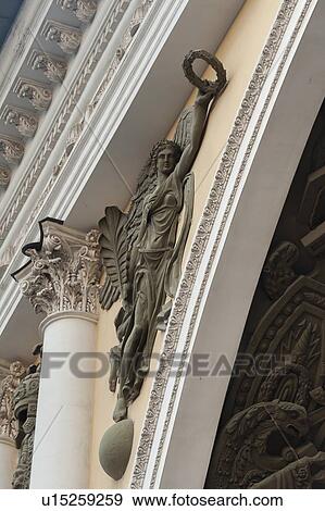 Stock Photo - Angel statue on the Triumphal Arch of General Staff Building, State Hermitage Museum, Palace Square, St. Petersburg, Russia. Fotosearch