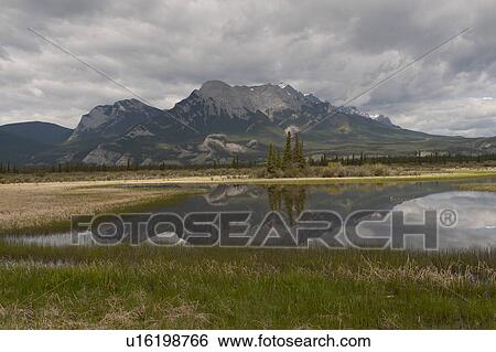 Stock Photograph - Athabasca River with mountains in the background, Jasper National Park, Alberta, Canada. Fotosearch