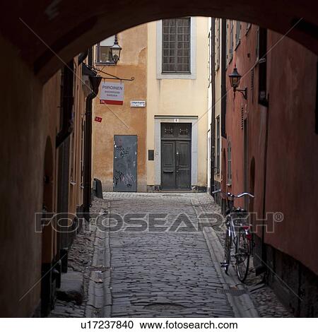 Bicycle parked on a street, Gamla Stan, Stockholm, Sweden View Large Photo Image Stock Image - Bicycle parked on a street, Gamla Stan, Stockholm, Sweden. Fotosearch