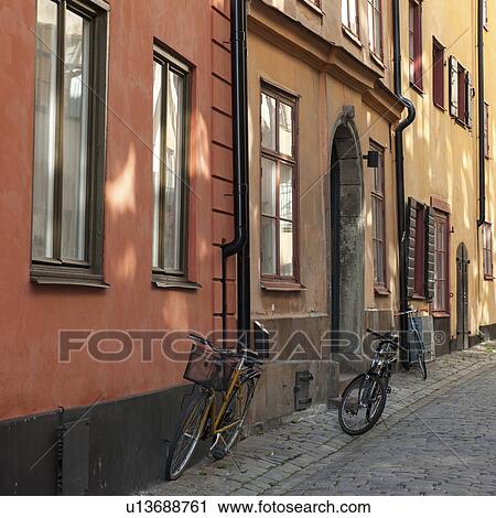 Bicycles parked on a street, Gamla Stan, Stockholm, Sweden View Large Photo Image Stock Image - Bicycles parked on a street, Gamla Stan, Stockholm, Sweden. Fotosearch