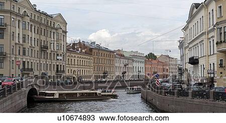 Stock Image - Boats in the Fontanka River, St. Petersburg, Russia. Fotosearch