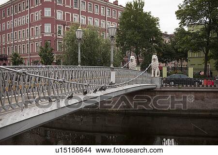 Picture - Bridge across a canal, Lions Bridge, Griboyedov Canal, St. Petersburg, Russia. Fotosearch