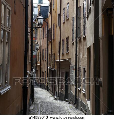 Stock Image - Buildings along an alley, Gamla Stan, Stockholm, Sweden. Fotosearch