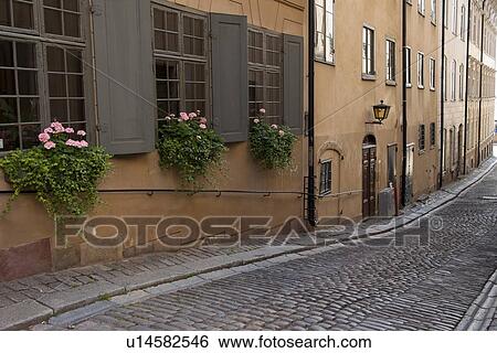 Stock Photograph - Buildings along an alley, Gamla Stan, Stockholm, Sweden. Fotosearch