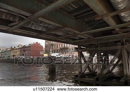 Picture - Buildings along Fontanka River viewed from under a bridge, St. Petersburg, Russia. Fotosearch