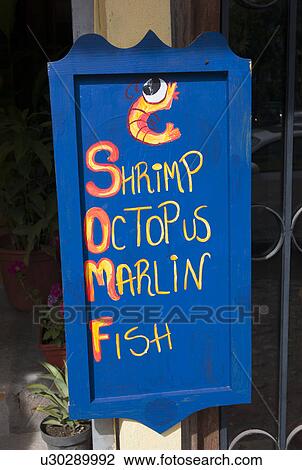 Stock Image - Close-up of a signboard as seafood store, Sayulita, Nayarit, Mexico. Fotosearch