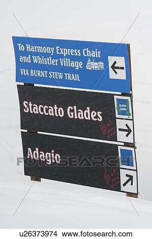 Picture - Close-up of information signs in snow, Symphony Amphitheatre, Whistler, British Columbia, Canada. Fotosearch