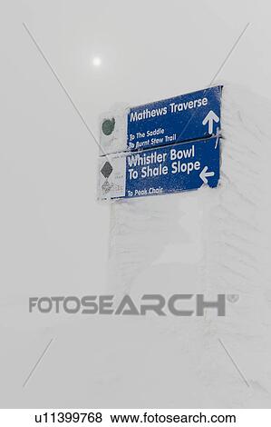 Stock Photo - Close-up of information signs in snow, Whistler Mountain, Whistler, British Columbia, Canada. Fotosearch