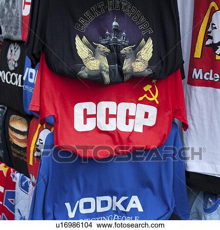 Close-up of souvenir t-shirts at a store, St. Petersburg, Russia View Large Photo Image Picture - Close-up of souvenir t-shirts at a store, St. Petersburg, Russia. Fotosearch