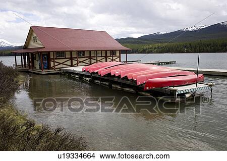 Picture - Curly Phillips Boathouse in Maligne Lake, Jasper National Park, Alberta, Canada. Fotosearch