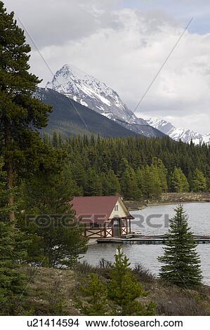 Picture - Curly Phillips Boathouse in Maligne Lake, Jasper National Park, Alberta, Canada. Fotosearch