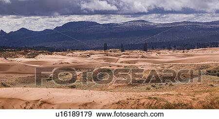 Stock Photo - Desert with mountain range in the background, Coral Pink Sand Dunes State Park, Utah, USA. Fotosearch