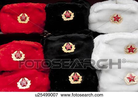 Stock Photo - Display of woolly hats on a market stall, St. Petersburg, Russia. Fotosearch