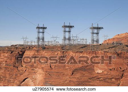 Electricity pylons over a dam, Glen Canyon Dam, Lake Powell, Page, Arizona-Utah, USA View Large Photo Image Picture - Electricity pylons over a dam, Glen Canyon Dam, Lake Powell, Page, Arizona-Utah, USA. Fotosearch
