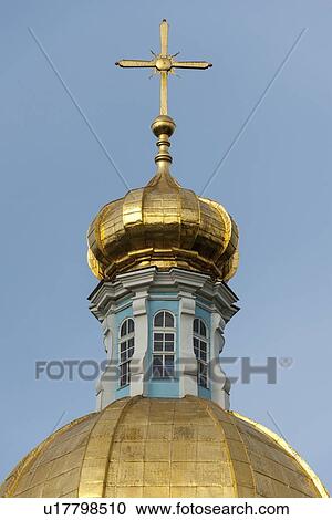 Stock Image - Gilded dome of a cathedral, Naval Cathedral of St. Nicholas, St. Petersburg, Russia. Fotosearch