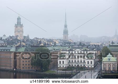 Stock Photograph - High angle view of buildings in a city, Stockholm, Sweden. Fotosearch