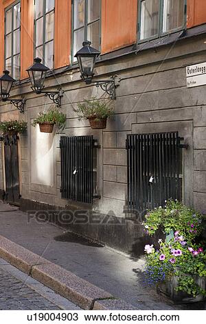 Stock Image - Lanterns outside the houses, Gamla Stan, Stockholm, Sweden. Fotosearch
