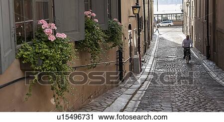 Stock Image - Man cycling on a street, Gamla Stan, Stockholm, Sweden. Fotosearch