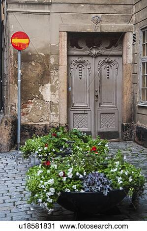 Stock Image - Potted plant at the entrance of a house at Tyska Brinken in Gamla Stan, Stockholm, Sweden. Fotosearch