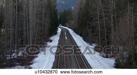Stock Image - Railroad tracks passing through a forest in winter, Whistler, British Columbia, Canada. Fotosearch