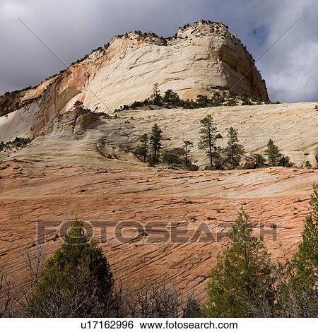 Stock Photograph - Rock formations on a landscape, Zion National Park, Utah, USA. Fotosearch