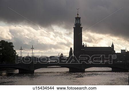 Picture - Silhouette of the city hall at dusk, Stockholm Town Hall, Stockholm, Sweden. Fotosearch