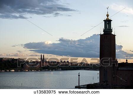 Silhouette of the city hall at dusk, Stockholm Town Hall, Stockholm, Sweden View Large Photo Image Stock Photography - Silhouette of the city hall at dusk, Stockholm Town Hall, Stockholm, Sweden. Fotosearch