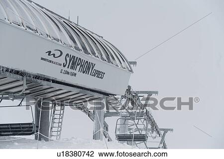 Stock Image - Ski lifts terminal, Symphony Amphitheatre, Whistler, British Columbia, Canada. Fotosearch