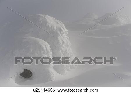 Stock Photography - Snow covered mountain surrounded with fog, Whistler, British Columbia, Canada. Fotosearch