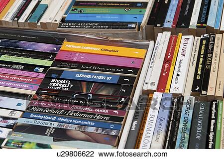 Stock Image - Stack of books in a library, Stockholm, Sweden. Fotosearch