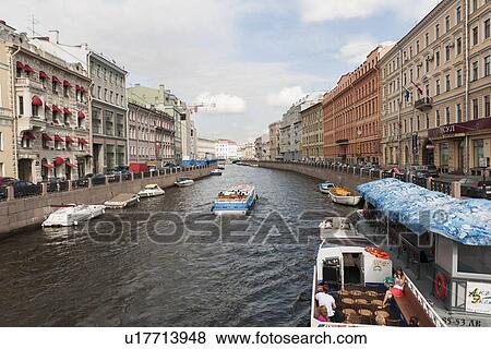 Tourboats in the Moyka River, St. Petersburg, Russia View Large Photo Image Stock Photo - Tourboats in the Moyka River, St. Petersburg, Russia. Fotosearch