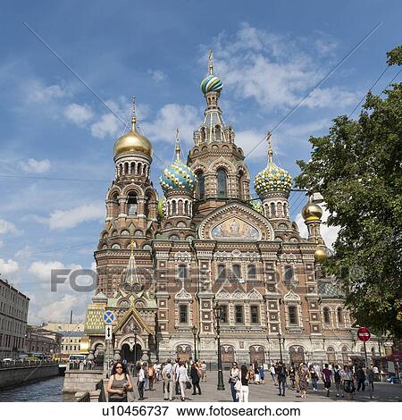 Stock Photo - Tourists outside the Church of the Saviour on Spilled Blood, St. Petersburg, Russia. Fotosearch