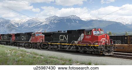 Stock Image - Train engines at Jasper Heritage Railway Station, Jasper National Park, Alberta, Canada. Fotosearch